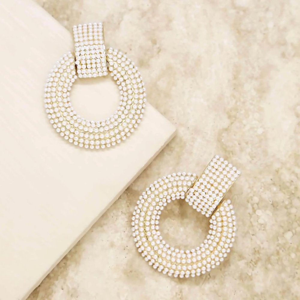 NEW ~ Anthropologie Ettika Pearl Statement 18K Gold Plated Hoop Earrings